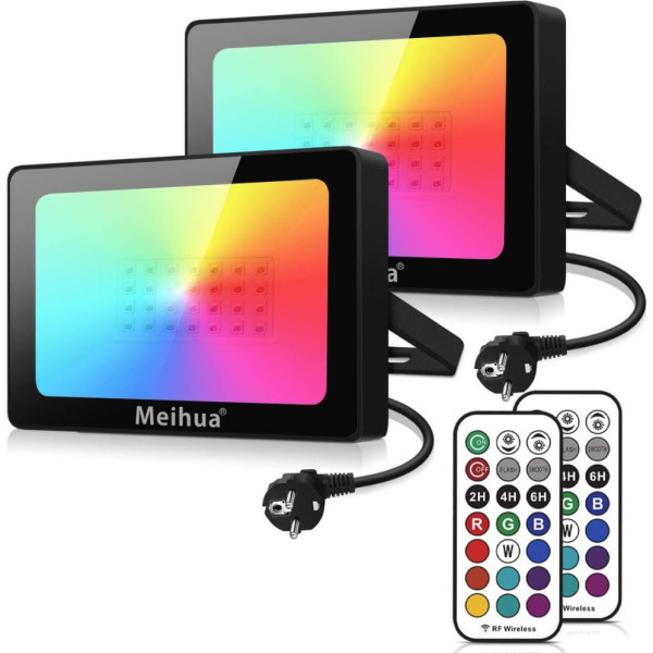 MEIHUA RGB prožektors 35 W, 2 gab. RGB LED prožektors ar tālvadības pulti IP66 ūdensizturīgs RGB prožektors, maināma krāsa, regulējams 12 krāsu 2 režīmi ar taimeri RGB prožektors āra dārza koku ainavai