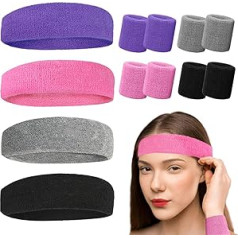12-Piece Sports Sweatband Wrist Set - Includes 8 Sweatbands Wristband and 4 Headband for Women, Men, Children - Terry Cloth Sports Exercise for Fitness, Football, Running