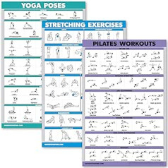 QUICKFIT 3 komplekts — jogas pozas + stiepšanās vingrinājumi + pilates paklāja darba plakātu komplekts — 3 treniņu diagrammu komplekts (lamināts, 18 x 27 collas)