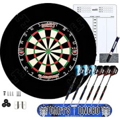 ONE80 Steel Dart Board Professional with 6 Darts Metal Tip Protective Ring EVA Dartboard Surround Wafer-Thin Steel Spider 45 cm Diameter x 3.8 cm Black