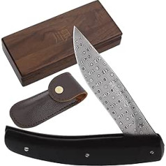 YOUSUNLONG Folding Pocket Knife 186 mm - Ideal for Camping, Survival, Hiking, Fishing - Damascus Steel Blade - Ebony Handle with Leather Sheath