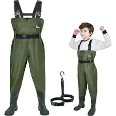 Ouzong Kids Lightweight Rolled Nylon PVC Waders Boys Girls Army Green Waterproof Waders for Kids