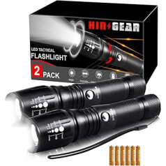 HinsGEAR Tactical LED zibspuldze, 2 pack īpaši spilgts 1000 lūmenu augstas lūmenu rokas lukturītis ar 5 režīmiem regulējamu fokusu, ūdensizturīgs labākais zibspuldzes izmantošanai mājās