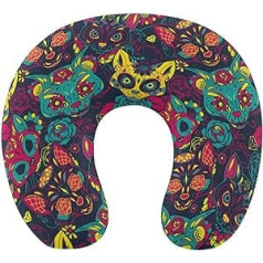 Travel Pillow Memory Foam Compatible with Day of the Dead Halloween Sugar Cat Skull Neck Pillow Chin Head Comfortable Neck Pillow Support with Zipper Cover Fashion Car Flight Pillow for Office