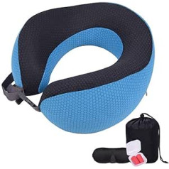 Travel Neck Pillow Made of Comfortable Memory Foam Fabric Foam Travel Pillow, Neck Support Pillow for Travel with Sleeping Glasses, Ear Plugs and Carry Bag, blue, 25*26cm