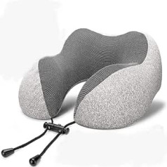 LPY Travel Pillow 100% Pure Memory Foam kakla spilvens, ērts elpojošs pārvalks - mazgājams mašīnā, kapuces slēdzene, viegli regulējama elastība, ar organizatoru, pelēks