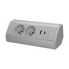 Mēbeļu ligzda 2x2P+Z, 2xUSB (tips A+C; 2.4A), pelēka un sudraba