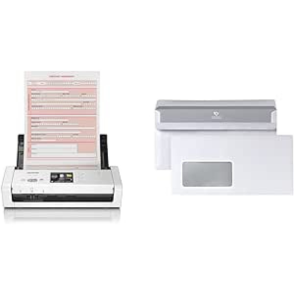 Brother ADS1700WUN1 Compact Document Scanner Mobile Scanner, Duplex Wi-Fi, White, Black, A4 & Posthorn Envelope DIN Long (Pack of 100), Self-Adhesive Envelope with Window