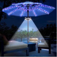 2 in 1 terases lietussargu gaismas, 16 krāsas, 4 režīmi, 104 LED lietussargu pasaku gaismas, 3 spilgtuma režīmu kombinācija, 28 LED saulessargu staba gaisma, USB un akumulatora apgaismojums pagalmam ārā