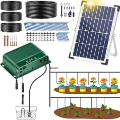 Saules laistīšanas sistēmas automātiskais komplekts 10 W augstas enerģijas, pašlaistīšanas ierīces ar taimeri, 45 m īpaši gara ūdens caurule, automātiskā dārza laistīšanas sistēma dārzeņu dārzam, podos audzētiem augiem