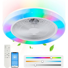 AHXIAOZN RGB griestu gaisma ar ventilatoru, kluss, moderns ventilators ar gaismu, dimmējama LED lampa ar ventilatoru, RGB griestu ventilators ar apgaismojumu un tālvadības pulti un lietotnes ventilatora lampu, balts