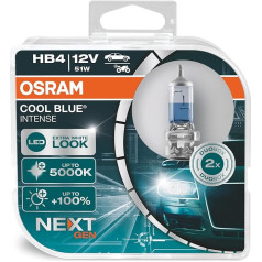 Osram HB4 Cool Blue Intense spuldze, par 100 % lielāks spilgtums, līdz 5000 K, halogēna priekšējo lukturu spuldze, LED izskats, Duo Box, 2 spuldzes