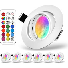 RGB LED iebūvēts griestu prožektors, 5W RGB lampu iebūvēts prožektors, tālvadības pults, regulējams, silti balts apgaismojums un krāsains apgaismojums, apaļš, balts, regulējams (6 gab.)