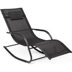 Mondeer Fauteuil à Bascule de Jardin Chaise Longue Bain de Soleil Chaise en Aluminium Chaise Longue Avec Appuie Tête et Poche Latérale Pour Jardin et Piscine, Black, 150 kg Load