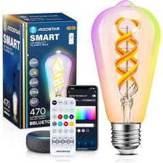 Aigostar Smart Light Bulb Alexa E27 Bluetooth Mesh ST64, Alexa Lamp Vintage Edisona lampa 4.9W 470LM RGB & 2700K-6500K Dimmable Light Bulb, saderīga ar Alexa, 1 gabals (ar Bluetooth tālvadības pulti)