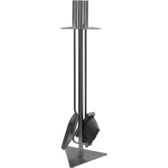 3 židinio įrankių rinkinys su plieninėmis rankenomis, maždaug 60 cm aukščio - židinio įrankių rinkinys su stovu, kurį sudaro dulkių semtuvėlis, degtukas ir židinio šepetys - Spalva: Pilka spalva