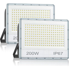 VRTOGTHE āra LED prožektors, 2 gab., 200 W, 20000 lm, IP67 ūdensizturīgs un 180° regulējams metāla kronšteins, 7000 K vēss balts LED āra prožektors ielai, dārzam, garāžai, sporta laukumam