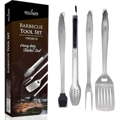 Humos - Premium Extra Thick BBQ Tools Set x 4 Pieces Robust Stainless Steel Fork, Spatula, Locking Pliers & Pastry Brush