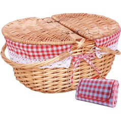 Wicker Picnic Basket, Vintage Picnic Hamper with Picnic Cloth, Split Lid, Picnic Basket with Folding Handle, Picnic Basket for Picnic, Hiking, Family Gathering, Home Decoration