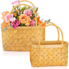 ZEAYEA 2 Pieces Small Woodchip Basket with Handle, Handwoven Storage Basket, Picnic Basket, Garden Harvest Basket, Wicker Basket, Gift Basket for Easter, Halloween, Christmas, Egg and Flower