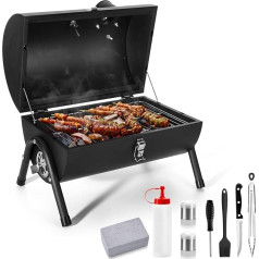 Tragbarer Holzkohlegrill 8er-Set, Leonyo Outdoor Kleiner Tisch BBQ Holzkohlegrill mit Grillzange, Kinfe, Grillziegel, Kompakter Mini-Campinggrill für Outdoor, Wohnmobil, Picknick, Terrasse, Hinterhof,