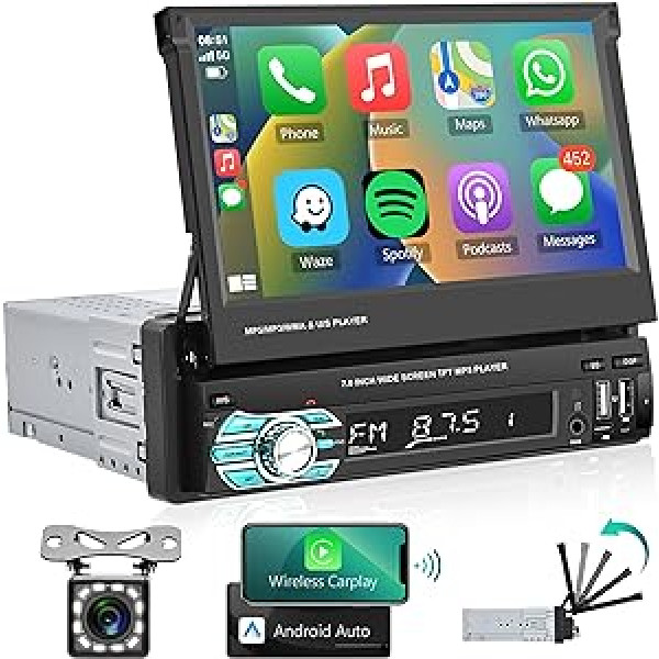 Hodozzy bezvadu Carplay/Android automašīnas radio 1 DIN ar 7 collu manuāli paplašināmu displeju automašīnas radio Bluetooth, skārienekrāns ar spoguļa saiti/FM/USB/AUX/SD/mikrofons + 12 LED atpakaļgaitas kamera