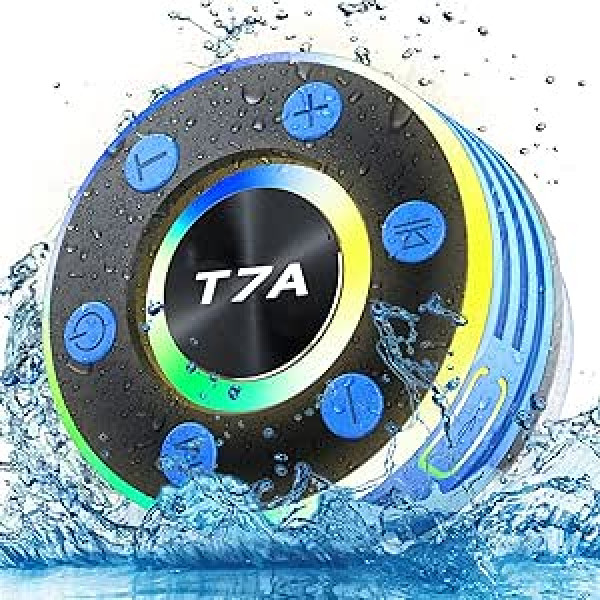 Bluetoth Speaker, IP7 Waterproof Portable Wireless Bluetooth Shower Speaker, Wireless Bluetooth Music Box with Rich Bass, HiFi and LED Lights, Hands-Free Function for Mobile Phone, FM Radio, Blue