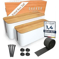 DARKOH ELEMENTS® Kabelių dėžutė Balta [Rinkinys iš 2 | Didelis ir vidutinis] Pagaminta iš ABS plastiko su bambuko dangteliu ir guminėmis kojelėmis – kabelių dėžutės rinkinys, įskaitant laido laikiklį, kabelių rišiklius ir kabelio vamzde