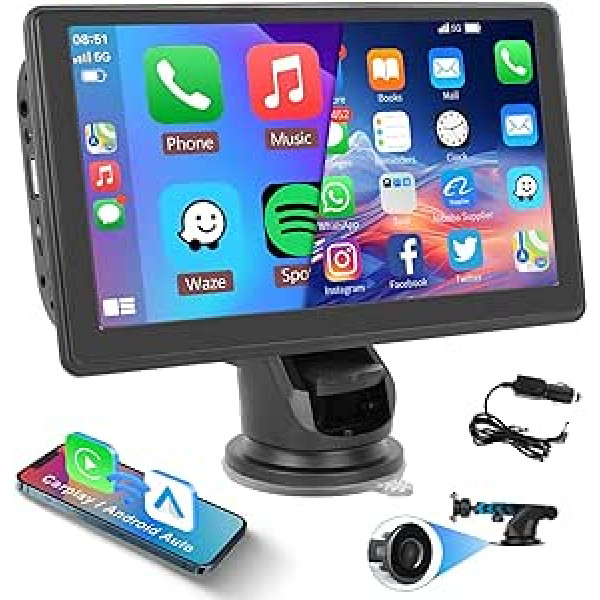 Hodozzy Apple Carplay ekrāns automašīnai, pārnēsājams 7 collu skārienekrāns bezvadu Carplay un Android automašīnas ārējais displejs ar Bluetooth, Airplay Mirror Link Navi, FM EQ/AUX/TF/USB, pārnēsājams automašīnas radio