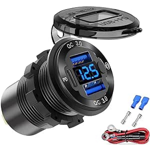 12 V USB Socket Wire Aluminium Car Charger Multi Port Dual USB QC 3.0 Port and PD USB-C Socket with Voltmeter Switch for Car Boat Marine Truck Fast Charging for iPhone iPad Android Mobile Phone