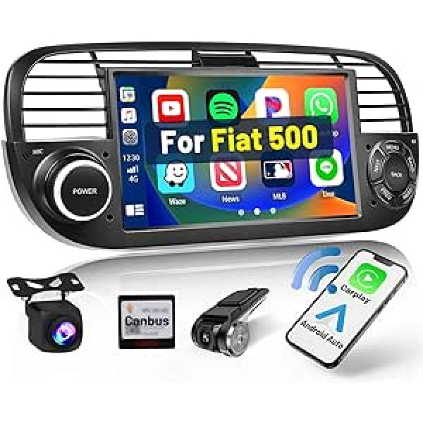 Hikity Android 13 automašīnas radio ar satelīta navigācijas ierīci Fiat 500 2007-2015 bezvadu Apple Carplay Android Car, 7 collu skārienekrāna automašīnas radio Bluetooth ar ekrānu WiFi HiFi RDS atpakaļgaitas kameras paneļu kameru