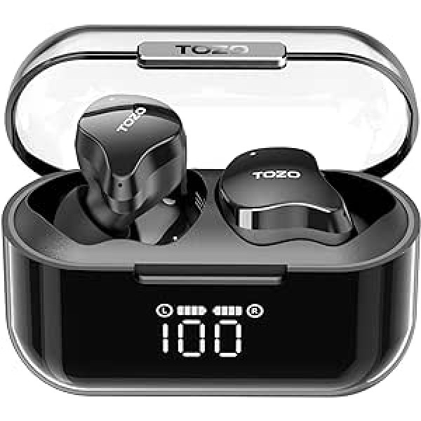 TOZO Crystal Buds bezvadu austiņas, īstas bezvadu stereo Bluetooth austiņas, 49 stundu atskaņošanas laiks, IPX8 ūdensizturīgas ausīs ievietojamas austiņas, digitālais displejs un caurspīdīgs korpuss, melns