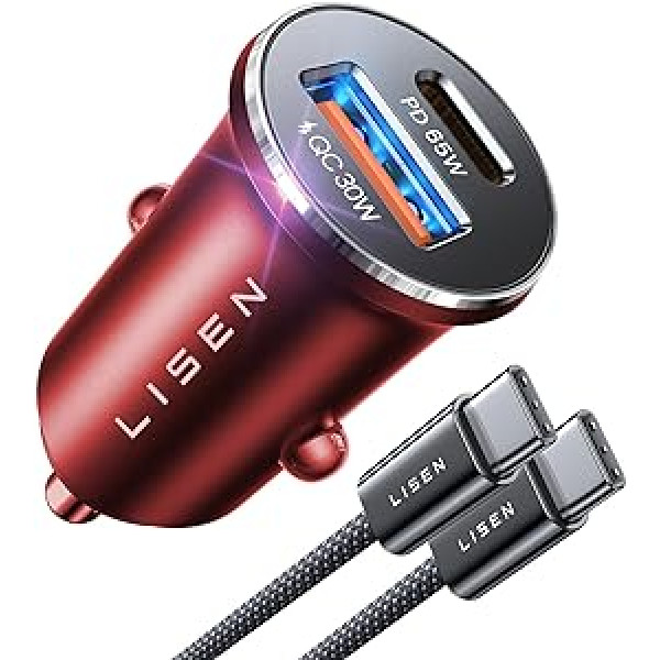 LISEN 95 W cigarešu šķiltavas USB C sadalītājs [12 V ligzda Dual PD65W ] Automašīnas lādētājs Mini pilnmetāla automašīnas lādētājs USB C Ātrā uzlāde ar USB C kabeli priekš Samsung S24 iPhone 15 Pro Max 14 13