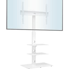BONTEC universāls grīdas televizora statīvs baltā krāsā 30–70 collu LED/OLED/LCD/plazmas ekrāniem, regulējams augstums, ar 3 līmeņiem izgatavots no rūdīta stikla, kravnesība līdz 40 kg, maks. VESA 600 x 400 mm