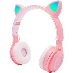 QOTSTEOS Cute Cat Ear Headphones Bezvadu spēļu austiņas ar LED apgaismojumu Cat Auss HiFi Music Stereo Bluetooth 5.0 Bezvadu austiņas datoram planšetdatoram FM radio (rozā)