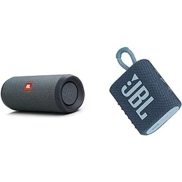 JBL Flip Essential 2 Bluetooth Box melnā krāsā — ūdensizturīgs un GO 3 maza Bluetooth kaste zilā krāsā — ūdensizturīgs