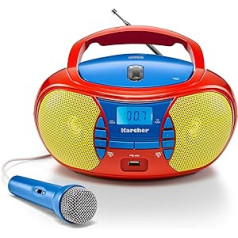 Karcher RR 5026 portatīvais CD radio — krāsains bērnu boombox ar CD atskaņotāju, FM radio, USB un mikrofonu — akumulators/maiņstrāva