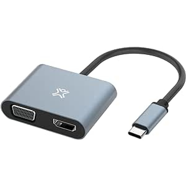 XtremeMac USB-C prie HDMI ir VGA adapteris, dvigubas ekranas, 4K Ultra HD (HDMI) ir Full HD (VGA), MacBook Pro/Air M1, iPad Pro/Air/Mini 6, Dell Xps 13/15, kokybiška aliuminio konstrukcija – Erdvė pilka