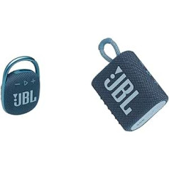 JBL Clip 4 Bluetooth skaļrunis zilā krāsā — ūdensizturīgs un GO 3 maza Bluetooth kaste zilā krāsā — ūdensizturīgs, pārnēsājams skaļrunis ceļojumiem — līdz 5 stundām atskaņošanas laiks ar vienu akumulatora uzlādi