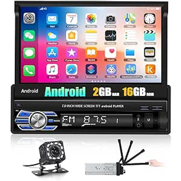 CAMECHO 1 DIN Android 10.0 automašīnas radio ar Bluetooth brīvroku komplektu, 2G RAM + 16G ROM, 7 collu ekrāna motorizēts pagarināms displejs, spoguļa saite/navi/WiFi/FM RDS/SWC/WiFi+ atpakaļgaitas kamera