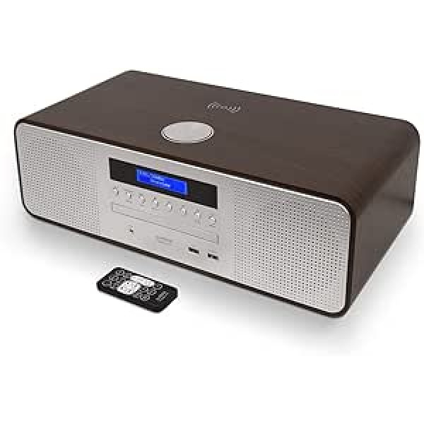 Hi-Fi mini stereosistēmas CD atskaņotājs ar DAB/FM radio (Bluetooth, MP3 atskaņošana), bezvadu uzlāde, USB lādētājs, tālvadības pults