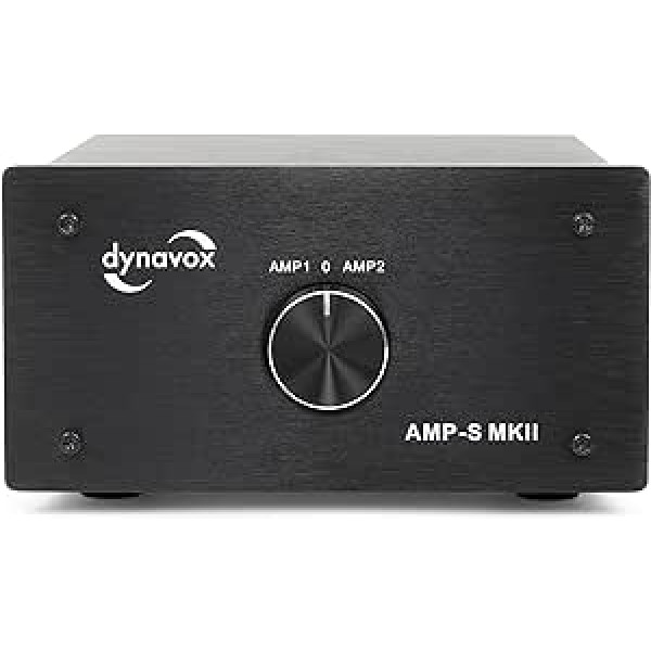 Dynavox AMP-S MKII pastiprinātājs un kārbas slēdzis metāla korpusā stereo un telpiskās skaņas pastiprinātājam, banānu spraudņa vai spailes savienojumam — melns