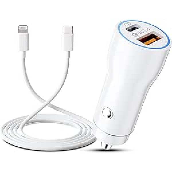 Car Charger USB C for iPhone, 38W iPhone Car Charger USB C PD 20W & QC3.0 18W Car Quick Charger Cigarette Lighter with 1 m iPhone Charging Cable for iPhone 14/13/12/11/X