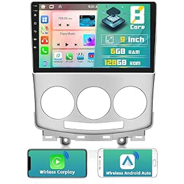 8 kodolu 6 + 128 GB: Hikity Android automašīnas radio, kas paredzēts Mazda 5 2007-2010, 9 collu IPS skārienekrāna automašīnas radio ar bezvadu Carplay Android Car, 3 dalīta ekrāna RDS DSP GPS BT 5.0 atpakaļgaitas kamera