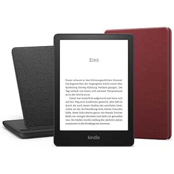 Kindle Paperwhite Signature Essentials komplekts ar Kindle Paperwhite Signature Edition (32 GB | ohne Werbung), Amazon Lederhülle (Merlot) un Ladedock kabelloses “Made for Amazon”