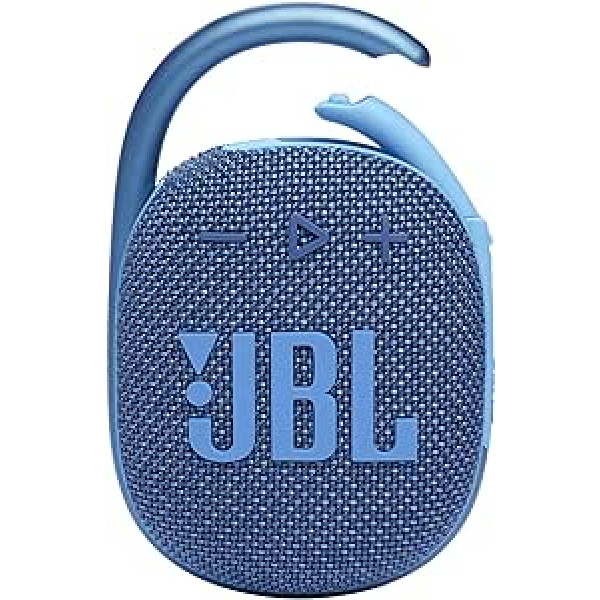 JBL Clip 4 Eco Bluetooth skaļrunis, kas izgatavots no pārstrādāta materiāla zilā krāsā - ūdensizturīgs, pārnēsājams mūzikas kastīte ar praktisku karabīni - līdz pat 10 stundām bezvadu mūzikas straumēšanas