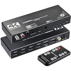 HDMI jungiklis 4x2 HDMI skirstytuvas 4K @ 60Hz, HDMI 2.0 nuotolinio valdymo pultas, 4 in 2 išvestis, HDMI perjungiklio garso ištraukiklis su ARC ir IR jungikliu HDMI 2.0 nuotolinio valdymo pultas, skirtas PS4 TV HDTV