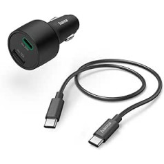 Hama Car Charger Set with Charging Cable, Car Quick Charger 32 Watt Power Delivery / Qualcomm Quick Charge (2 Port Cigarette Lighter 1x USB A, 1x USB C, Multiple Charging Plug for Smartphone) Black