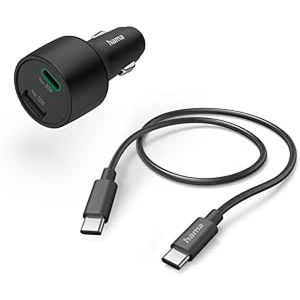 Hama Car Charger Set with Charging Cable, Car Quick Charger 32 Watt Power Delivery / Qualcomm Quick Charge (2 Port Cigarette Lighter 1x USB A, 1x USB C, Multiple Charging Plug for Smartphone) Black