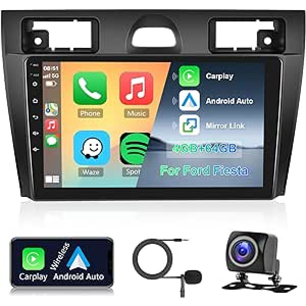 Hodozzy 4G + 64G auto radio priekš Ford Fiesta 2006-2011 Android 8 Core 9 collu IPS skārienekrāns GPS navigācija ar Apple Carplay Android Car Mirror Link 2 DIN Car Radio Bluetooth DSP WiFi RDS